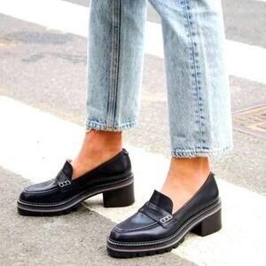 Bernardo Selma Black Leather Lug Sole Penny Loafers Chunky Stacked Heel Academia